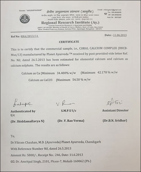 Certificate of Calcium Analysis in Coral Calcium Complex