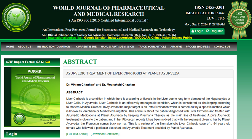 World Journal Of Pharmaceutical And Medical Research, WJPMR, Research Papers, Case Study, Planet Ayurveda Research Papers, Planet Ayurveda Research Paper, Planet Ayurveda Case Study, Ayurveda's Role, Managing Liver Cirrhosis, Liver Cirrhosis, Autoimmune Disorder, Dr. Vikram Chauhan, Dr. Meenakshi Chauhan