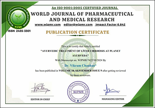 Dr. Vikram Chauhan, Dr. Vikram Chauhan Publication Certificate, World Journal Of Pharmaceutical And Medical Research, WJPMR, AYUSH, Dr. Vikram Chauhan, MD-Ayurveda Experts, Ayurveda Expert