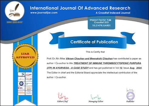 International Journal of Advanced Research, IJAR, Research Papers, Case Study, Planet Ayurveda Research Papers, Planet Ayurveda Research Paper, Planet Ayurveda Case Study, Ayurveda's Role, Managing ITP, Immune Thrombocytopenic Purpura, Dr. Vikram Chauhan, Dr. Meenakshi Chauhan