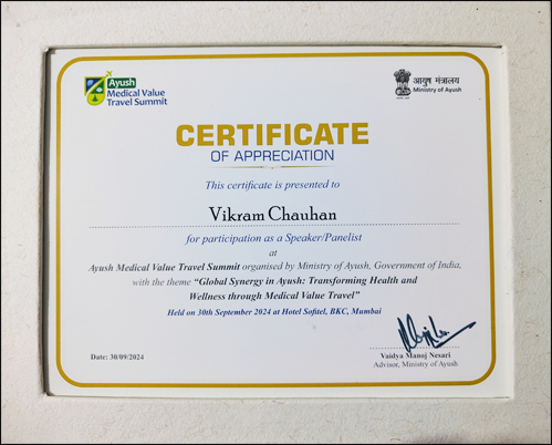 Dr. Vikram Chauhan, Certificate Of Appreciation, Ministry of AYUSH, Govt of India, Sofitel Hotel, Mumbai