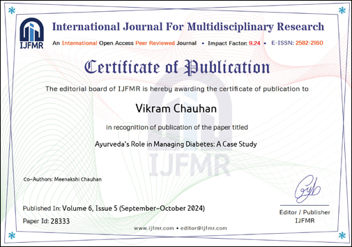 International Journal For Multidisciplinary Research, IJFMR, Research Papers, Case Study, Planet Ayurveda Research Papers, Planet Ayurveda Research Paper, Planet Ayurveda Case Study, Ayurveda's Role, Managing Diabetes mellitus, Diabetes, Dr. Vikram Chauhan