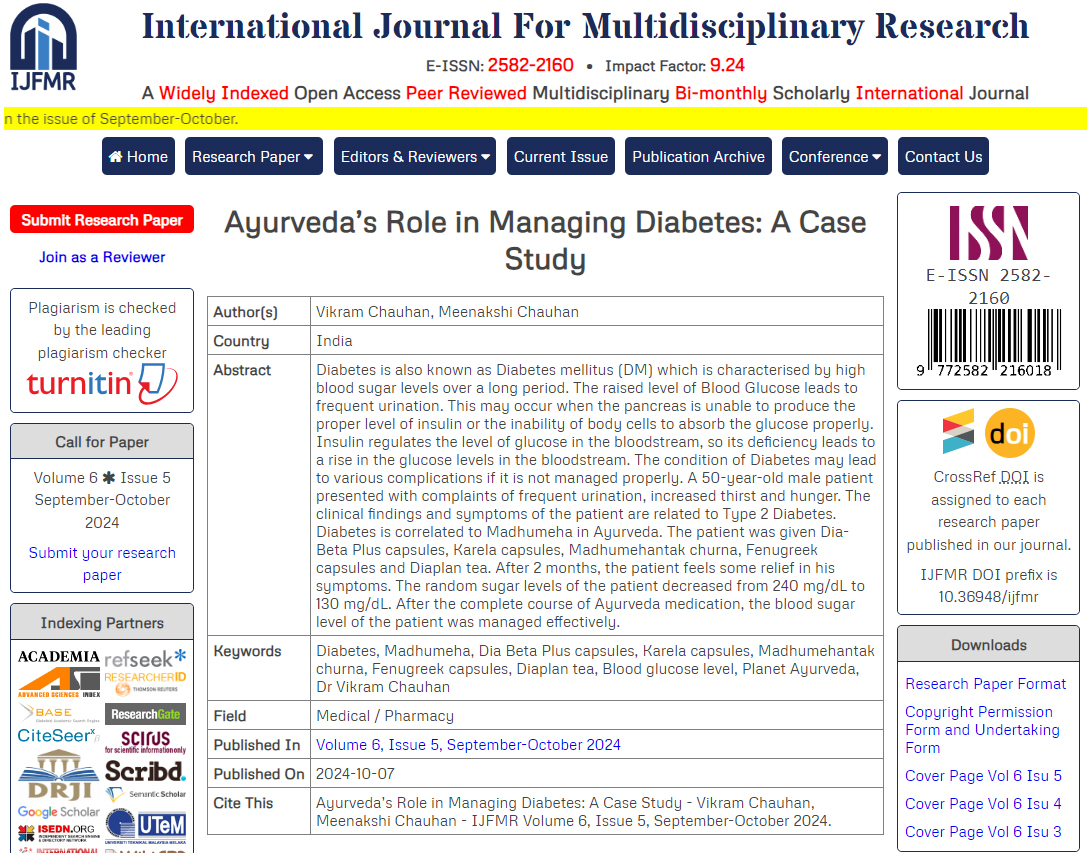 International Journal For Multidisciplinary Research, IJFMR, Research Papers, Case Study, Planet Ayurveda Research Papers, Planet Ayurveda Research Paper, Planet Ayurveda Case Study, Ayurveda's Role, Managing Diabetes mellitus, Diabetes, Dr. Vikram Chauhan, Dr. Meenakshi Chauhan