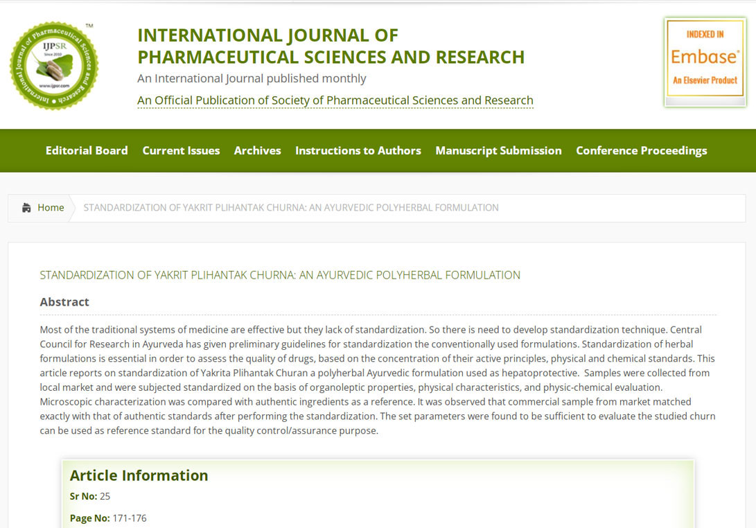 IJPSR, International Journal Of Pharmaceutical Sciences And Research, Research Papers, Case Study, Planet Ayurveda Research Papers, Planet Ayurveda Research Paper, Planet Ayurveda Case Study, Ayurveda's Role, An Ayurvedic Polyherbal Formulation, Autoimmune Disorder, Standardization Of Yakrit Plihantak Churna, Yakrit Plihantak Churna, Dr. Vikram Chauhan, Dr. Meenakshi Chauhan